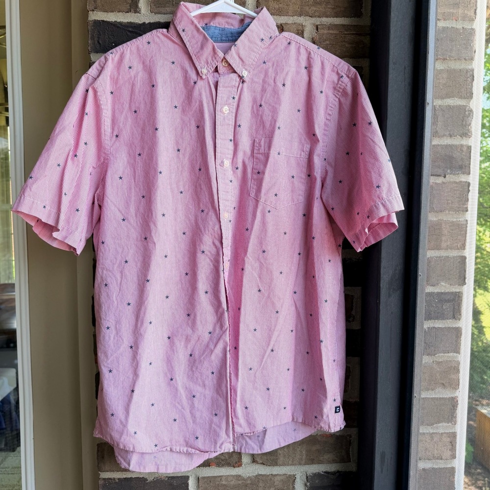 Chaps Mens Large Red White Stripe Blue Star Short Sleeve Button Down Shirt